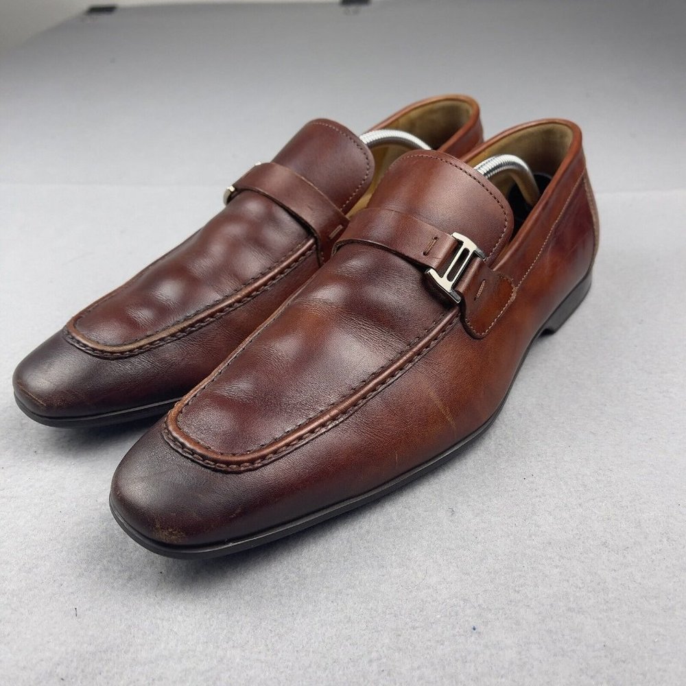 Magnanni Brown Leather Slip-On Loafers with Silver Buckle